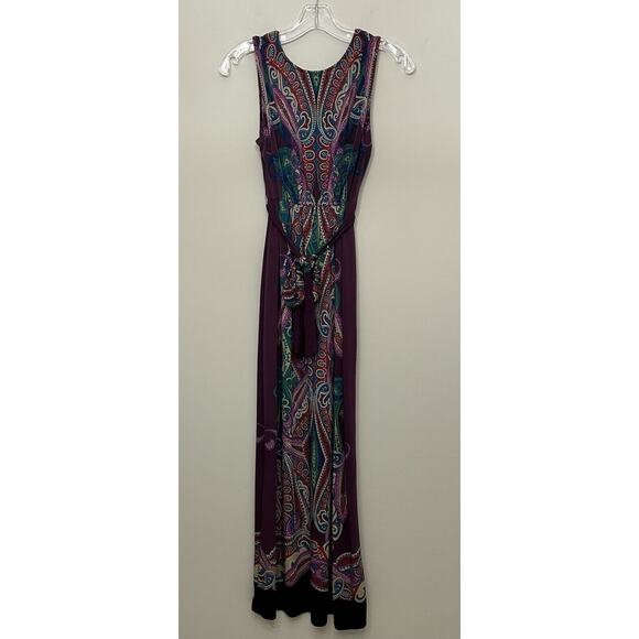 Signature By Robbie Bee Maxi Dress Womens Petite Medium PM Paisley Beaded Boho - Picture 2 of 11